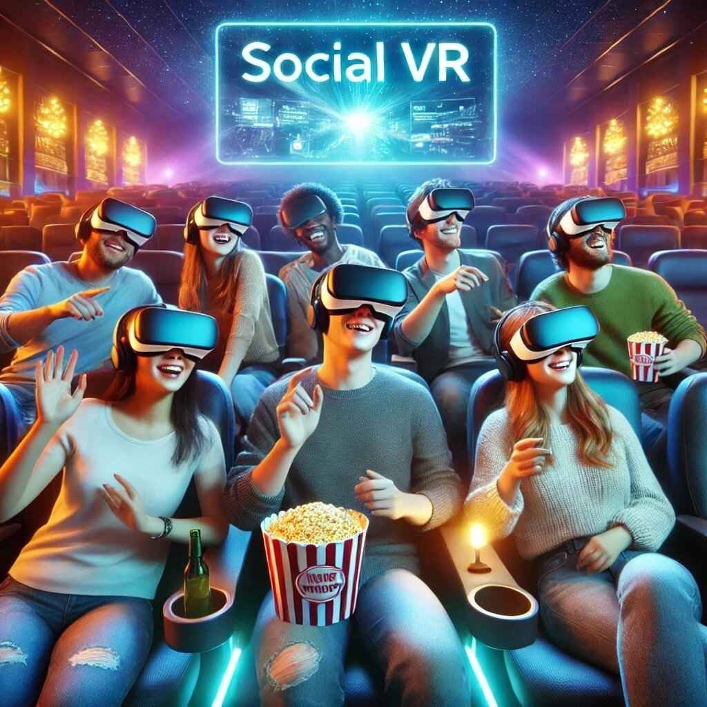 An image of a group of friends or family members enjoying a social VR platform, such as a virtual movie theater or social VR app.