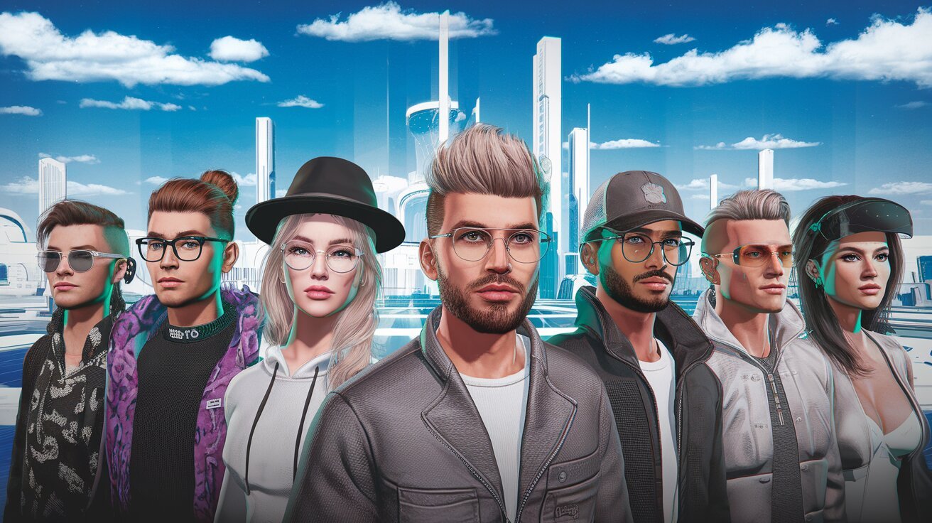 Feature a futuristic illustration of influencers in virtual environments like the metaverse.