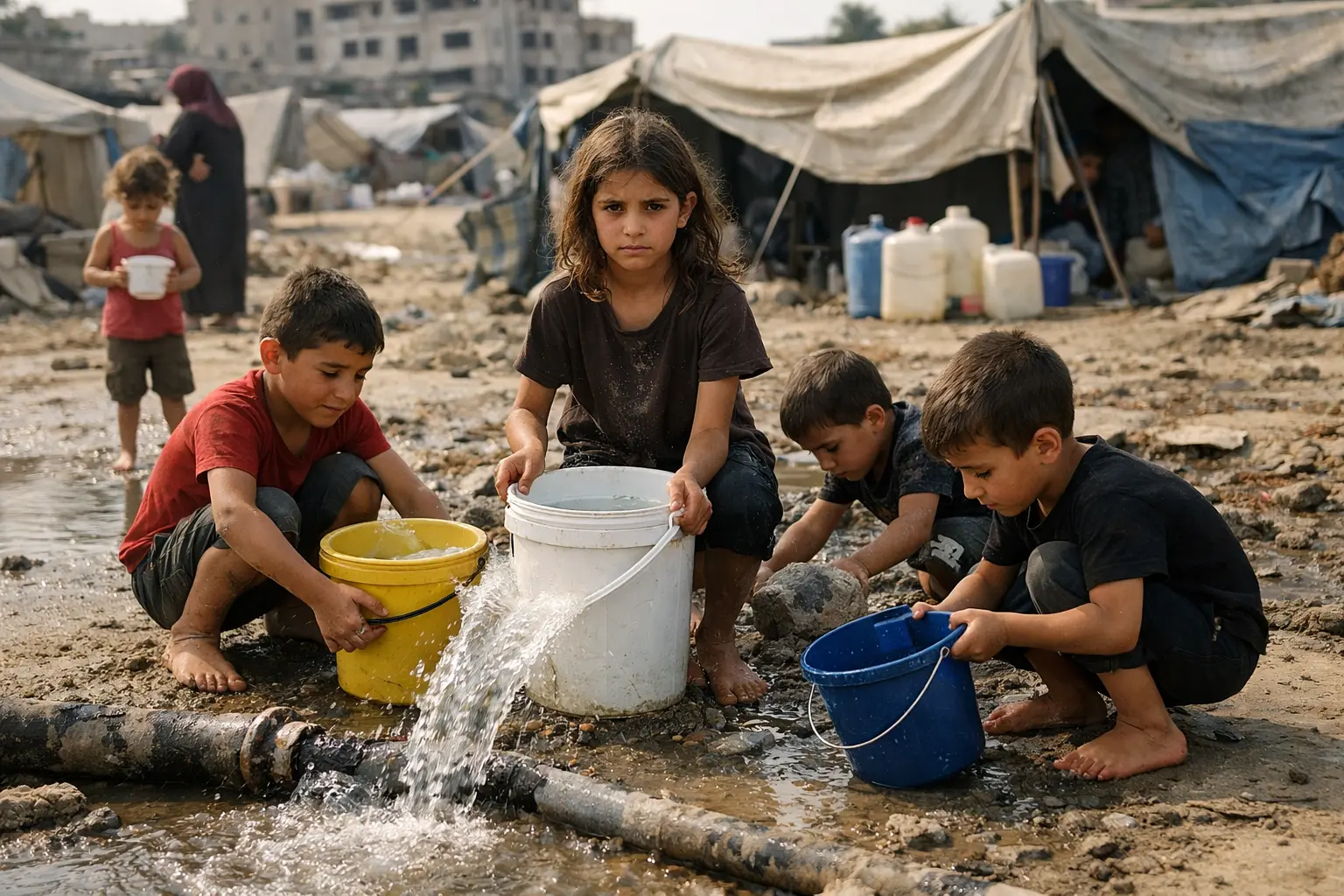 gaza-crisis children struggling to collect clean water during humanitarian emergency in Gaza