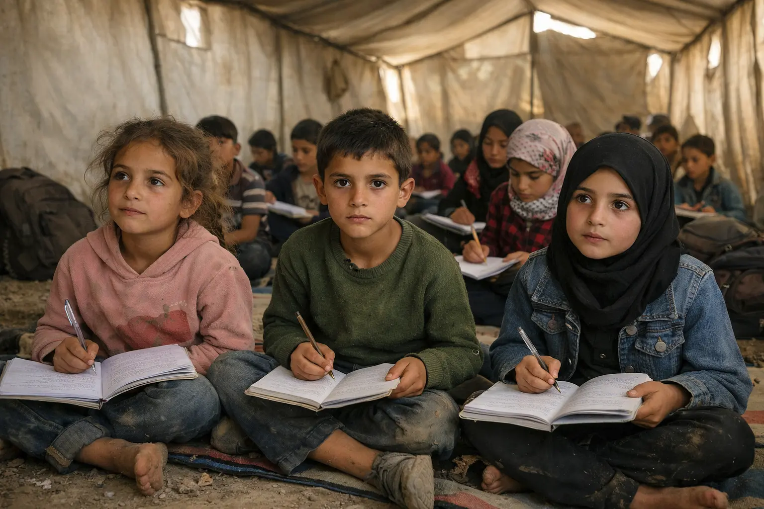 gaza-crisis tent school education depiction, children learning in makeshift shelter