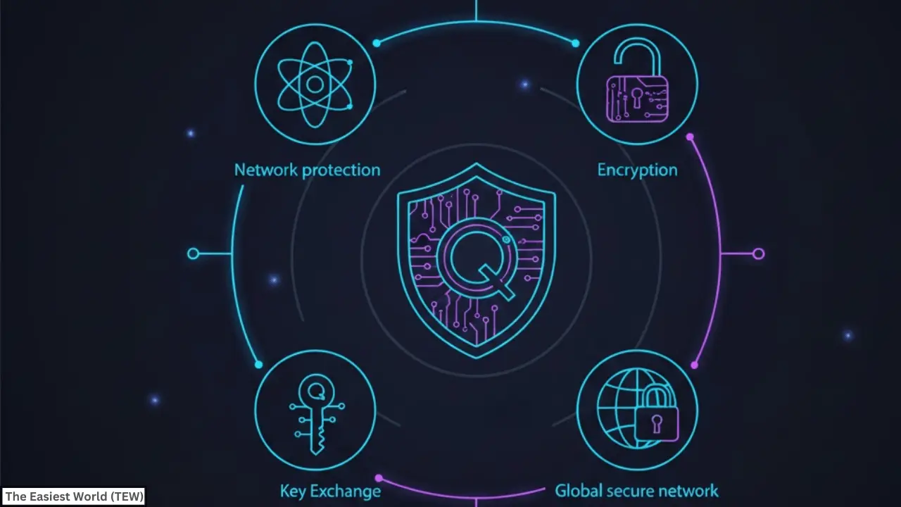 Secured quantum services ecosystem showing network protection, encryption, key exchange, and secure network