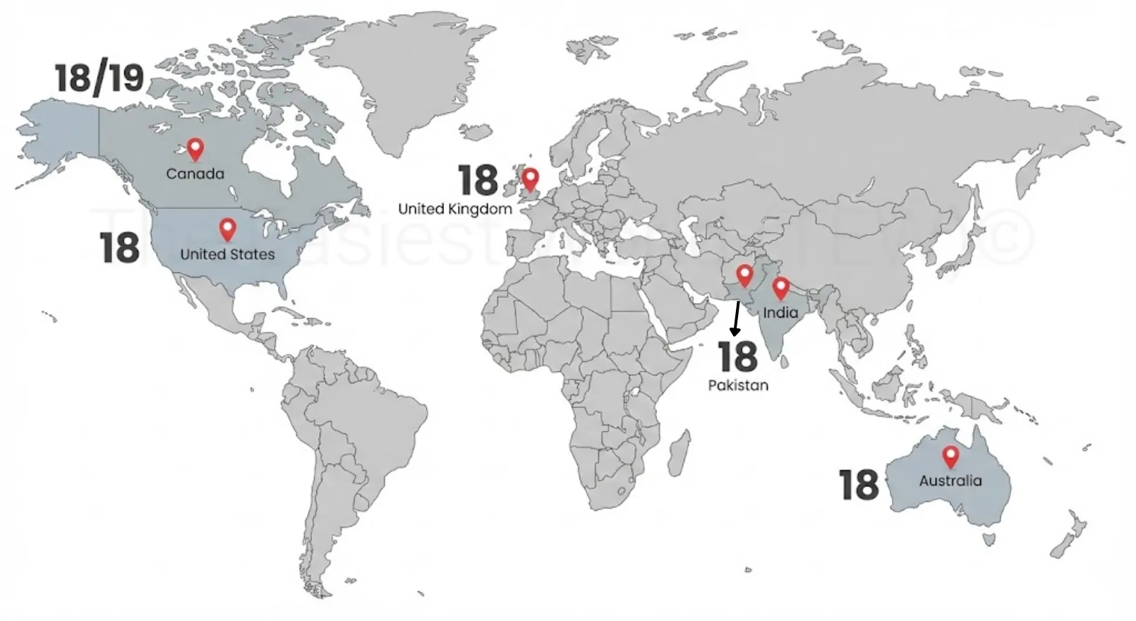 Minimum stock trading age in different countries illustrated on a world map