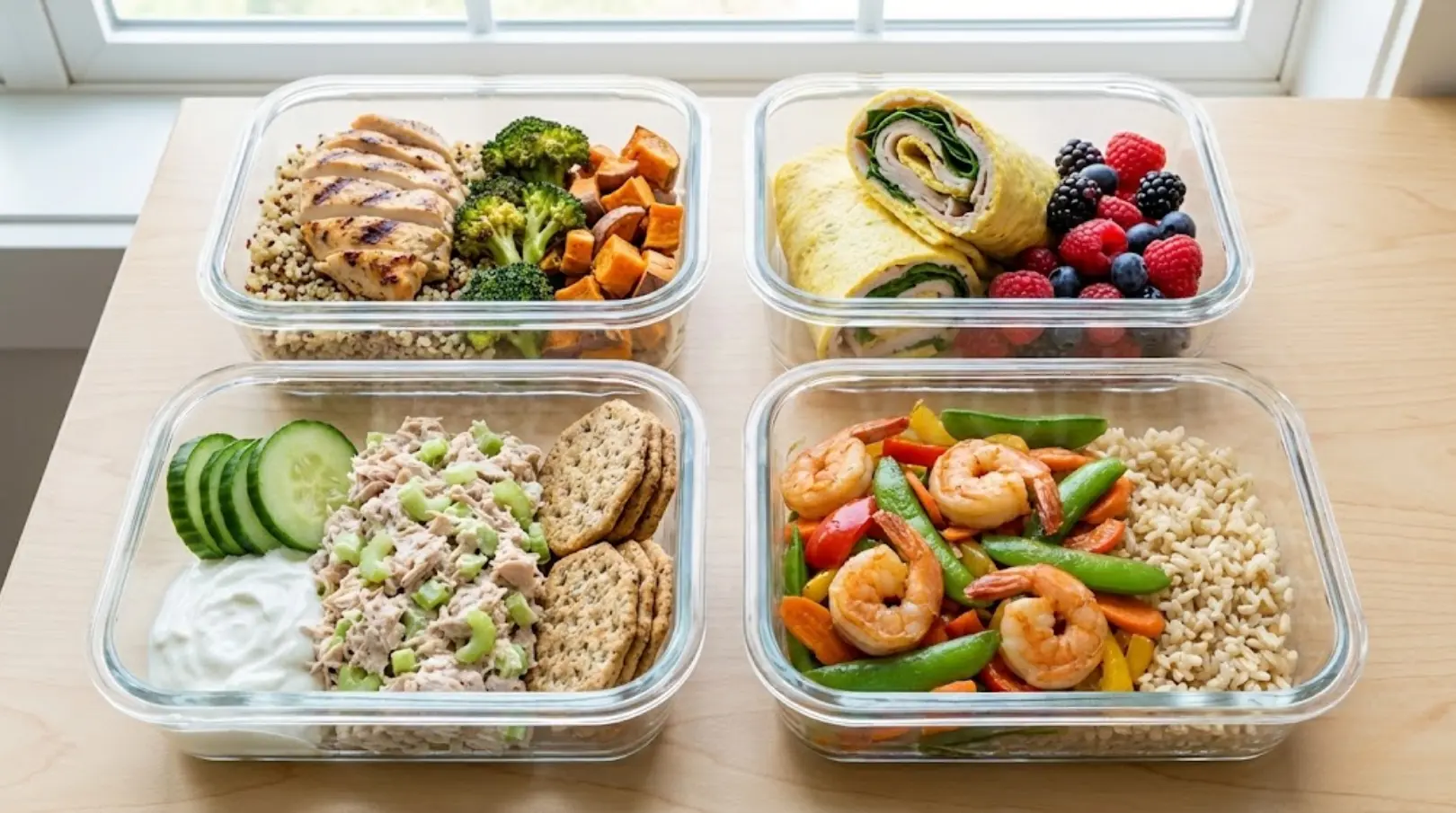 High protein lunch ideas with chicken bowls, egg wraps, tuna salad and shrimp meals