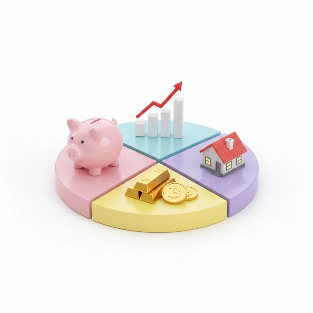 Piggy bank and diversified investment icons